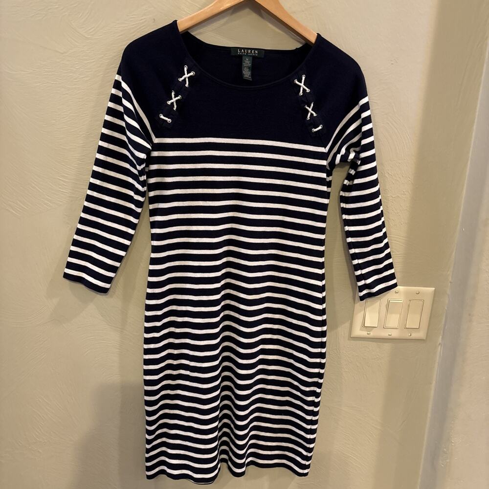 Polo Ralph Lauren Stripe Jersey Dress Medium Navy White Knit 3/4 Sleeve Nautical